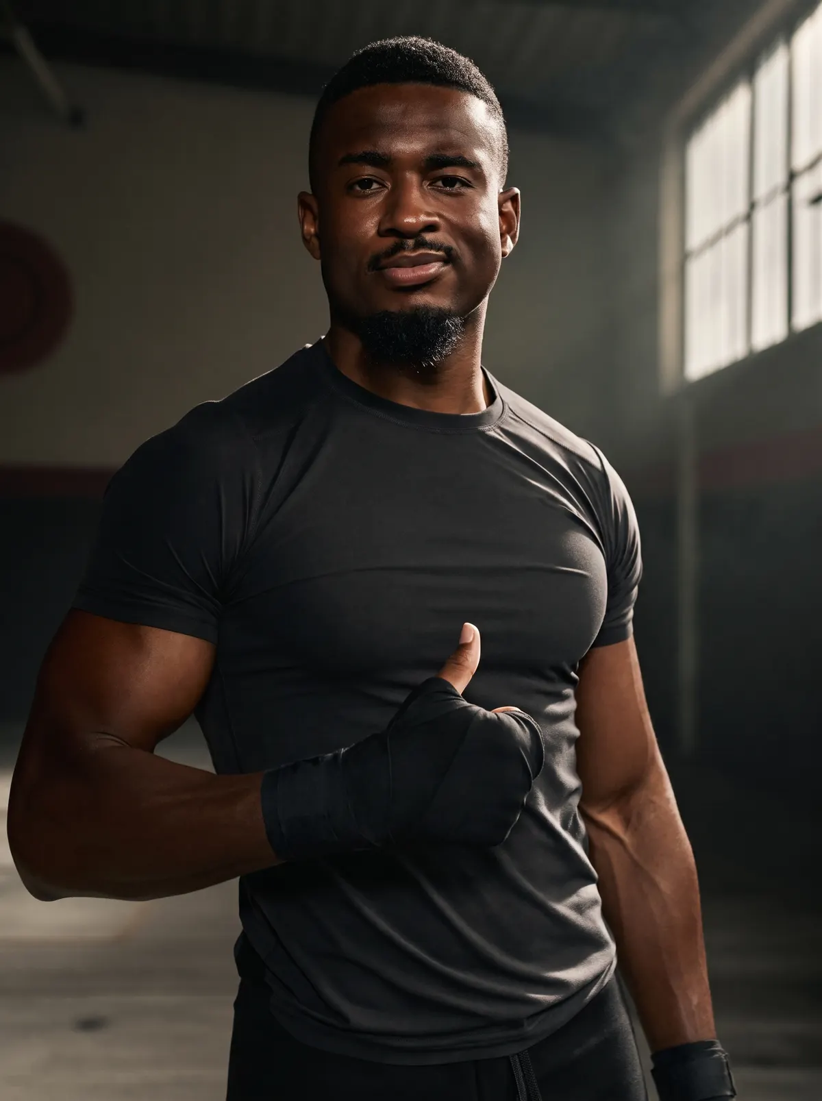 Portrait of a boxing coach in an industrial warehouse gym