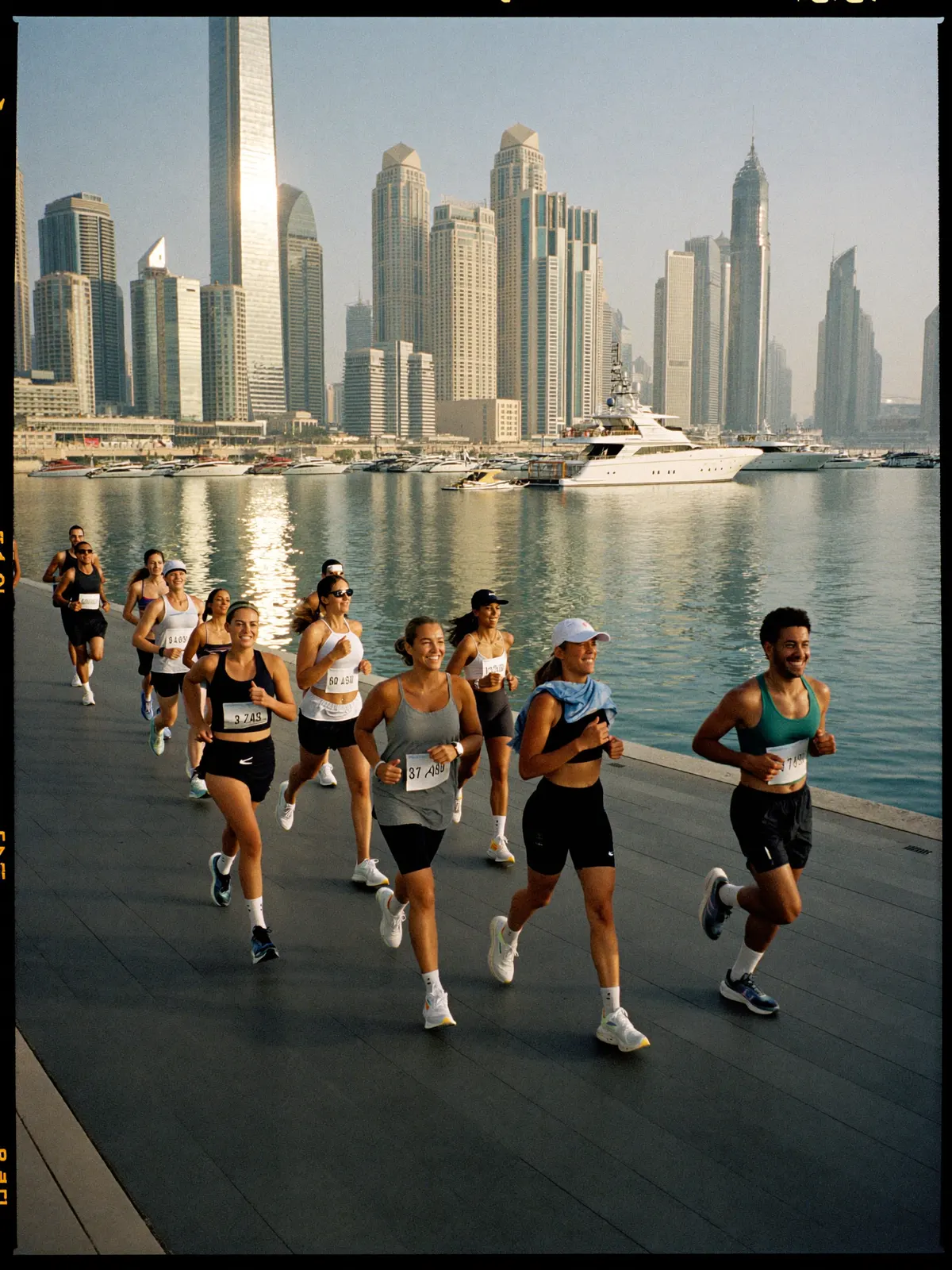 A social running group jogging along the Dubai Marina promenade at sunrise