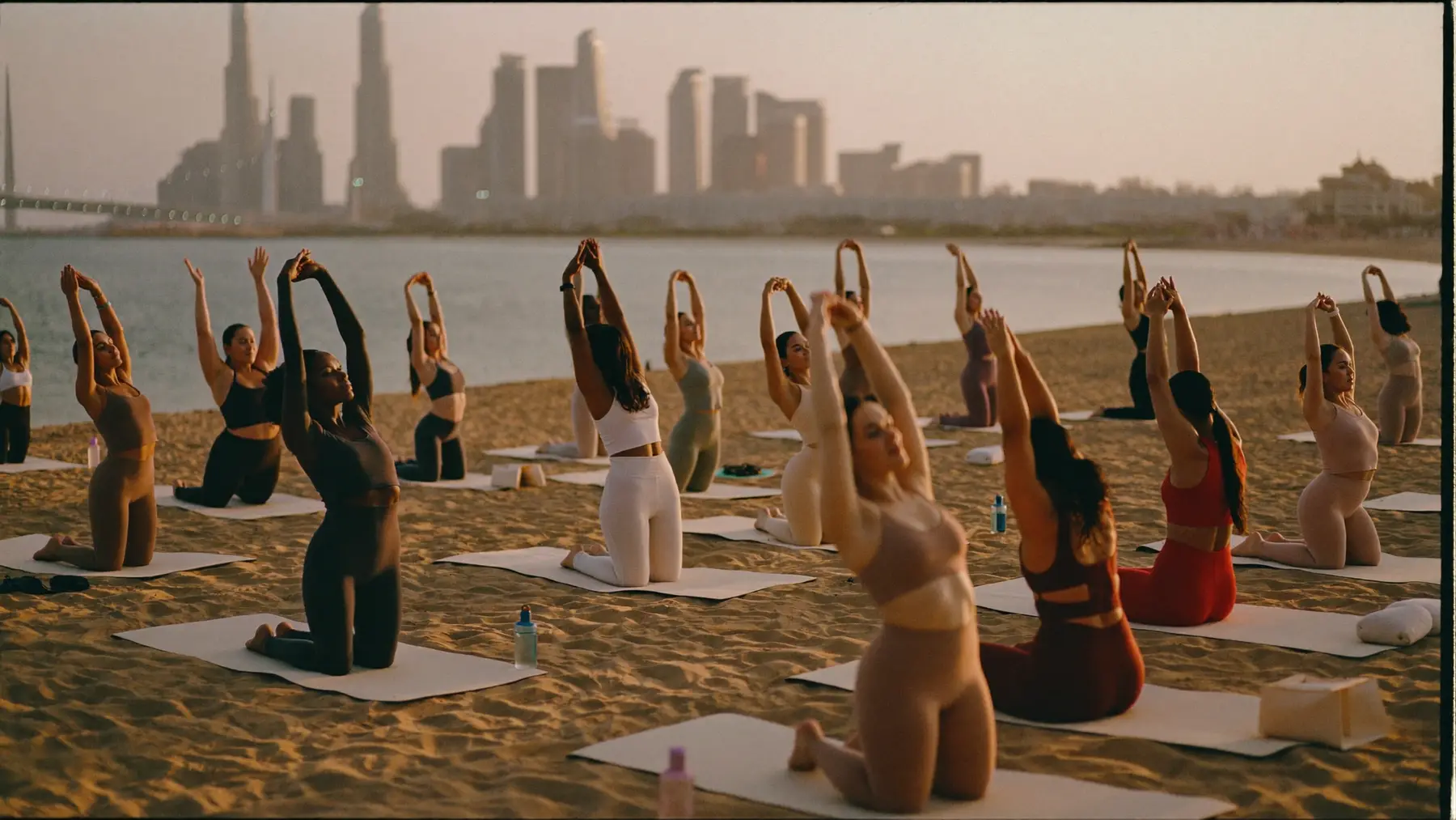 A large group Pilates class on mats on the beach at golden hour, with the Dubai skyline behind